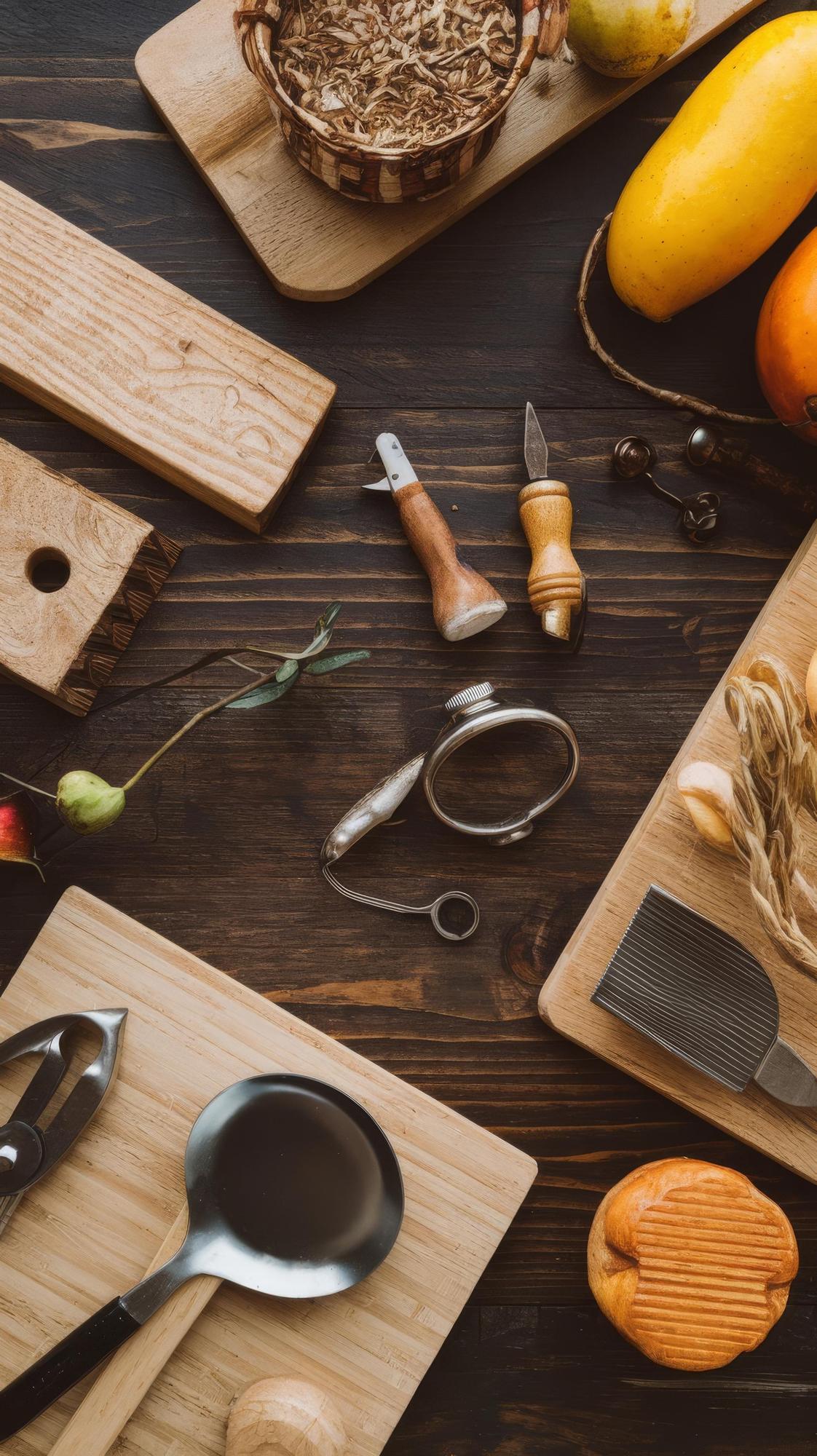 Set di attrezzi da cucina su piano di lavoro artigianale